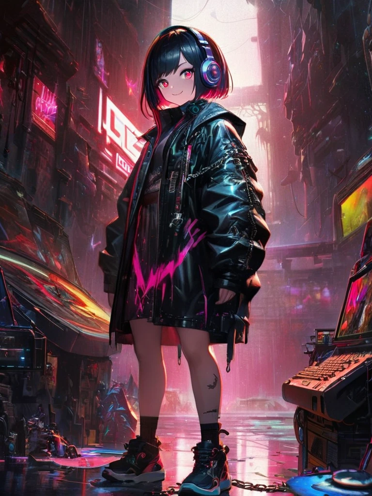 1 girl, chromatic aberration, Written boundary depth, Soft Light, masterpiece, Highest quality, complicated, Tone Mapping, Very detailed, Art Station, Concept Art, Smooth, Clear focus, Dramatic lighting, Very detailed artwork, movie, super practical painting, Art Station's trending, 8k, Incredible Shadows, practical, (Very detailed background:1.0), whole body, View, Viewers, Very detailed portrait of one girl 1, standing on street corner, Heavy rain and lightning、Dark Sky, neon and cyber punk background, she is dressed in punk clothing with silver chains and silver spikes, Her hair was dyed a bright black color.，The middle part is black, She wears headphones, Detailed red eyes with clear pupils, Ominous aura of light, smile, punk, ciber punk, Backlight.Her hair is short bob、Announcer talking about horses&#39;tail、Glamorous look