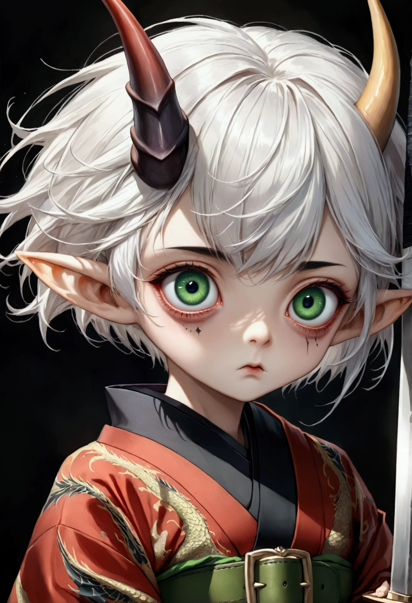 Japanese Anime,Second Dimension,Horror style,Three-eyed family,horror character,(((Three-eyed boy,Vertical Eye,Realistic eyes,Dark eyeshadow.Middle-parted white hair-super short hair,Elf ears,Dragon Horn))),(((Gorgeous Japanese red kimono,Eye pattern,Dark Pattern))).(((Thin waist,Green belt:1.6))).(((Samurai sword))),Black background blur