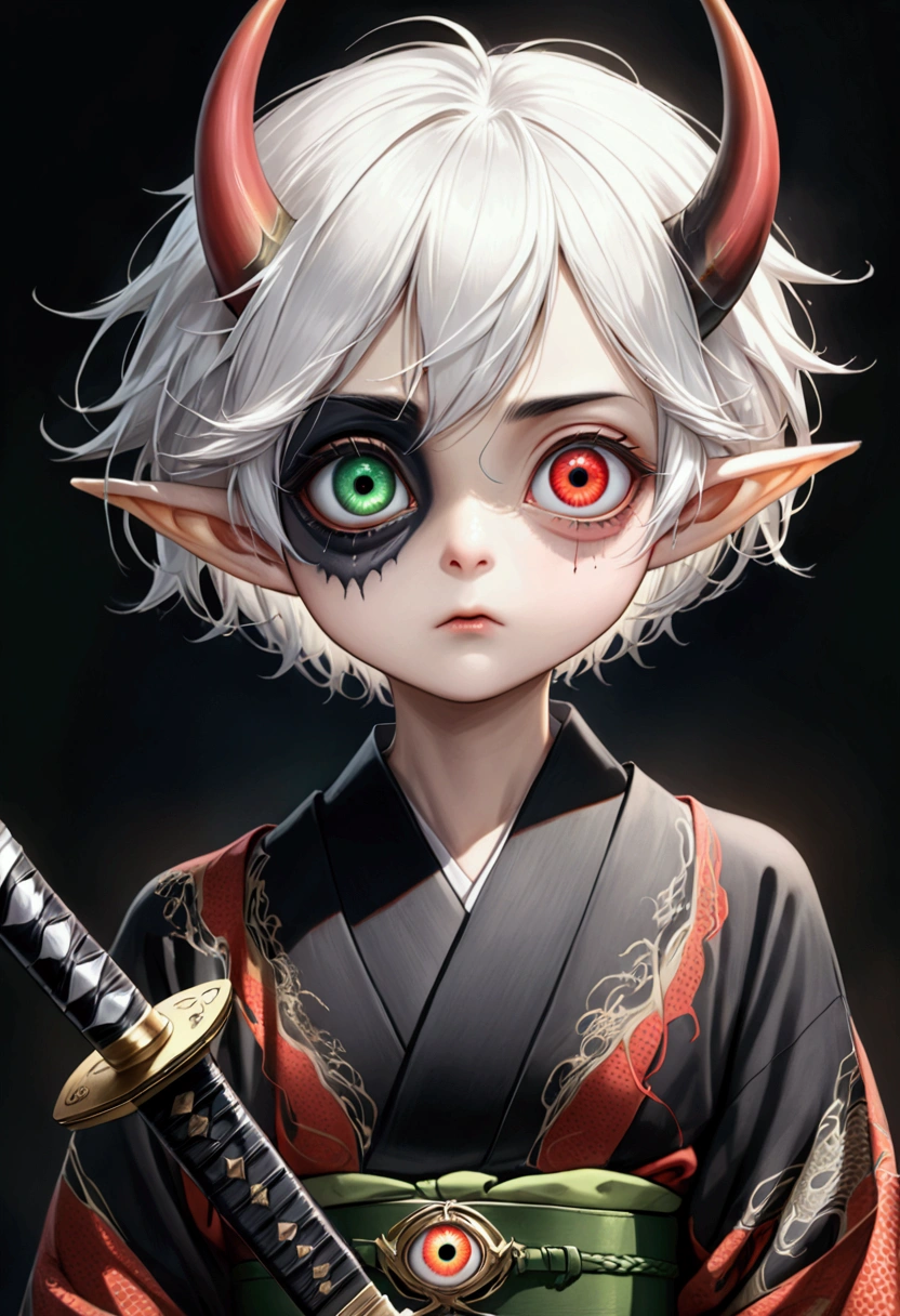 Japanese Anime，Second Dimension，Horror style，Three-eyed family，horror character，(((Three-eyed boy，Vertical Eye，Realistic eyes，Dark eyeshadow.Middle-parted white hair-super short hair，Elf ears，Dragon Horn))),(((Gorgeous Japanese red kimono，Eye pattern，Dark Pattern))).(((Thin waist，Green belt：1.6))).(((Samurai sword)))，Black background blur
