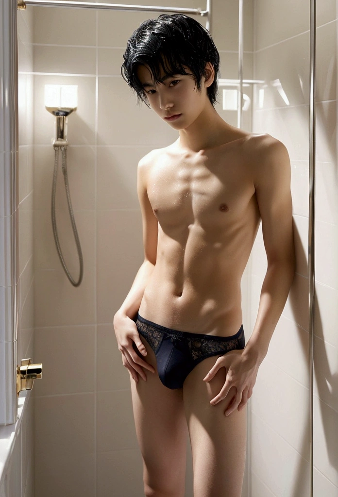 One boy、Beautiful Boy、18-year-old、Japanese Boy、Beautiful Boy、Black Hair、shower room、White underwear、Completely naked