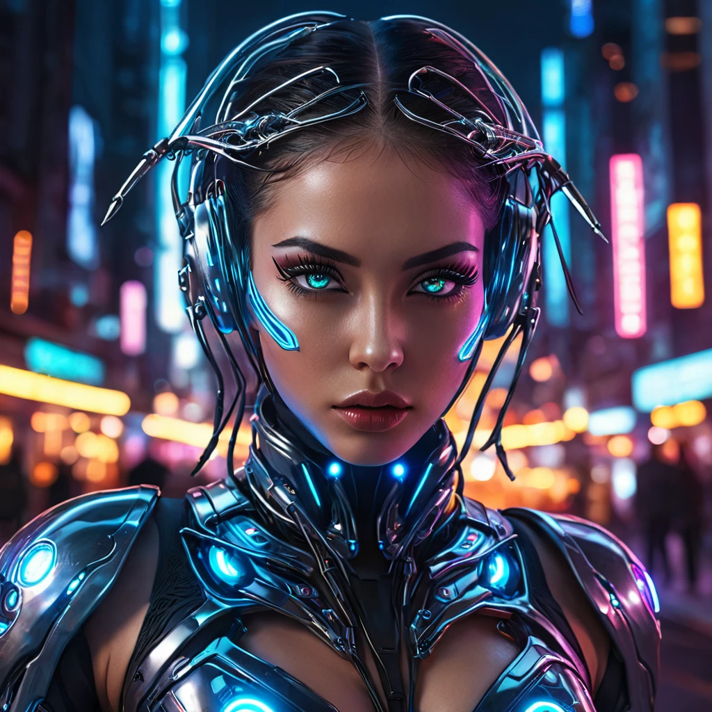 FACE beautiful detailed eyes, beautiful detailed lips, extremely detailed eyes and face, long eyelashes, 1girl, cyborg, cyberpunk, futuristic, sleek metallic costume, intricate tubes and wires, blazing energy claws, hovering over city, electric energy sparking from hyper detailed, photorealistic, 8k, cinematic lighting, dramatic shadows, neon city lights, glowing highlights, dynamic pose, powerful, heroic FACE WOMAN MOD ULTRA FACE