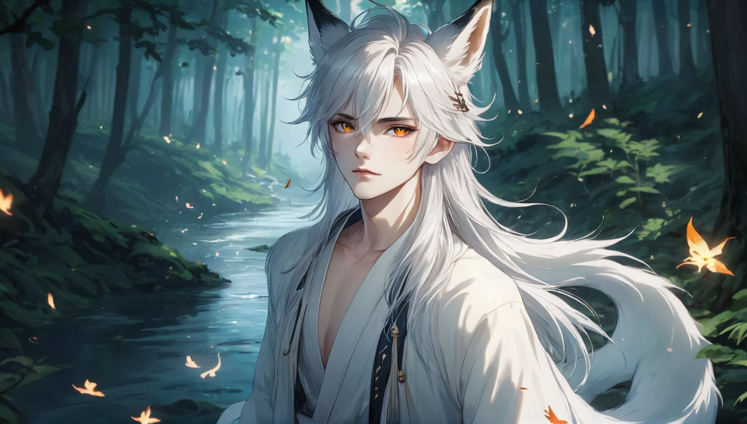 (masterpiece, 8k, Absurd, Digital Art, Digital Illustration, Realistic, Very detailed, Realistic lighting), (Perfect Face, Perfect Eyes, Perfect body), male,1 person, Adult,male的な,anime boy, of long white hair and horns in a forest, 白毛のFox, White Fox Anime, Ye Chong Silver Fox, Jan J, 吸血鬼の白いFox, Fox, White-haired God, by Shimo, Inspired by Bian Shoumin, of long white hair, Beautiful fantasy anime, Anime Art Wallpapers 8K