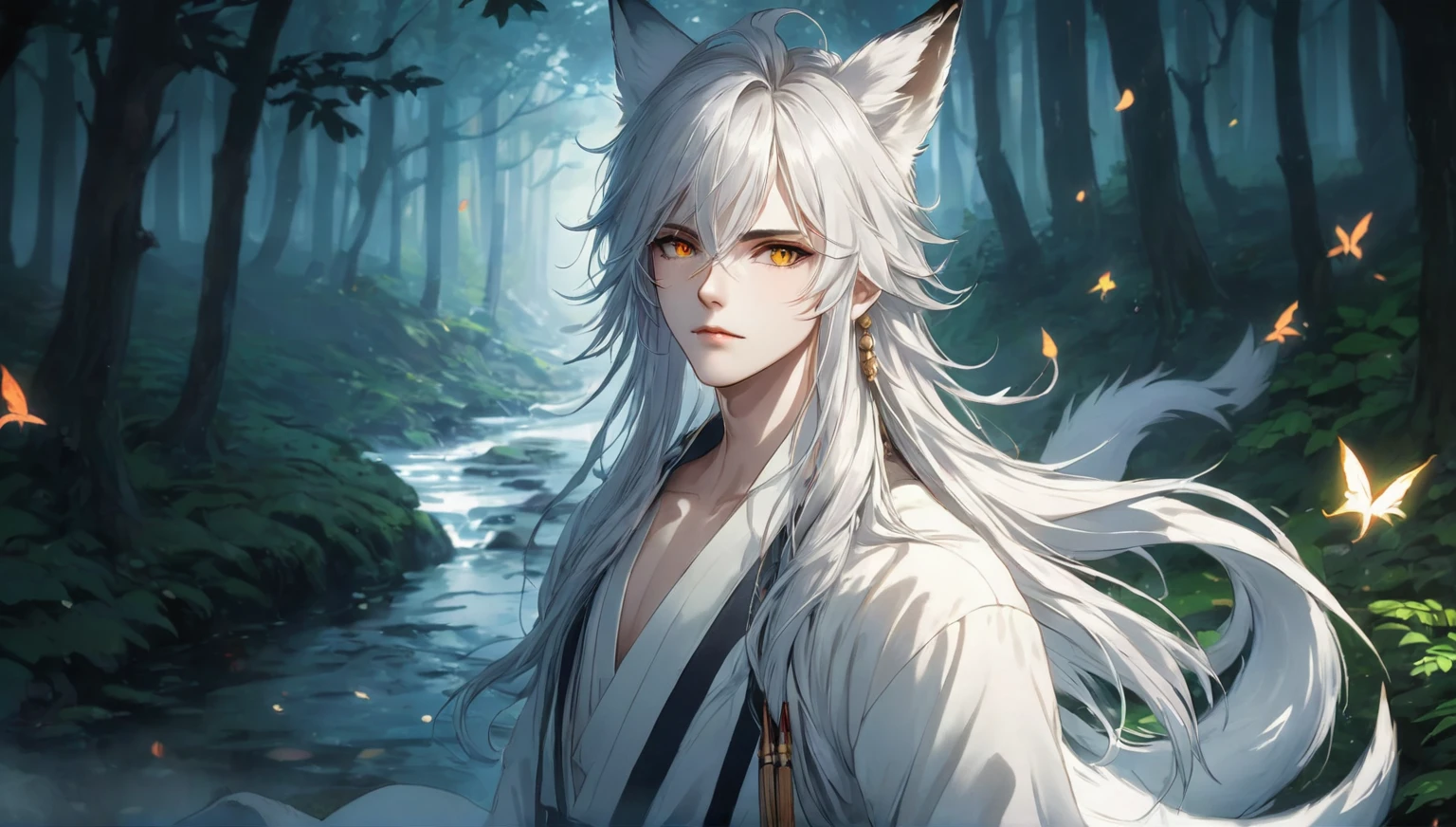 (masterpiece, 8k, Absurd, Digital Art, Digital Illustration, Realistic, Very detailed, Realistic lighting), (Perfect Face, Perfect Eyes, Perfect body), male,1 person, Adult,male的な,anime boy, of long white hair and horns in a forest, 白毛のFox, White Fox Anime, Ye Chong Silver Fox, Jan J, 吸血鬼の白いFox, Fox, White-haired God, by Shimo, Inspired by Bian Shoumin, of long white hair, Beautiful fantasy anime, Anime Art Wallpapers 8K