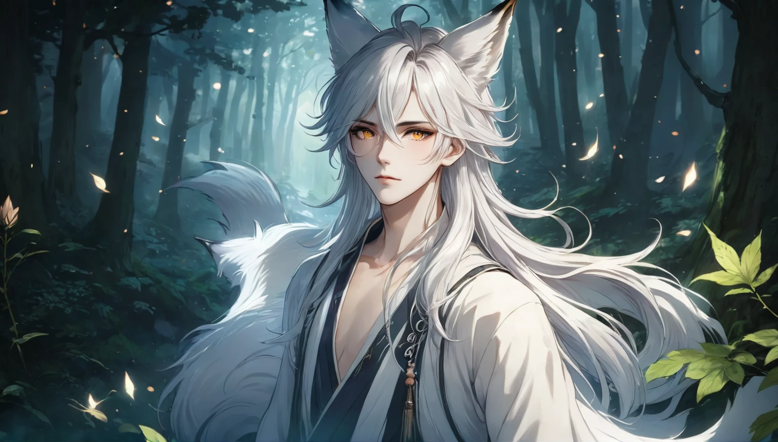 (masterpiece, 8k, Absurd, Digital Art, Digital Illustration, Realistic, Very detailed, Realistic lighting), (Perfect Face, Perfect Eyes, Perfect body), male,1 person, Adult,male的な,anime boy, of long white hair and horns in a forest, 白毛のFox, White Fox Anime, Ye Chong Silver Fox, Jan J, 吸血鬼の白いFox, Fox, White-haired God, by Shimo, Inspired by Bian Shoumin, of long white hair, Beautiful fantasy anime, Anime Art Wallpapers 8K