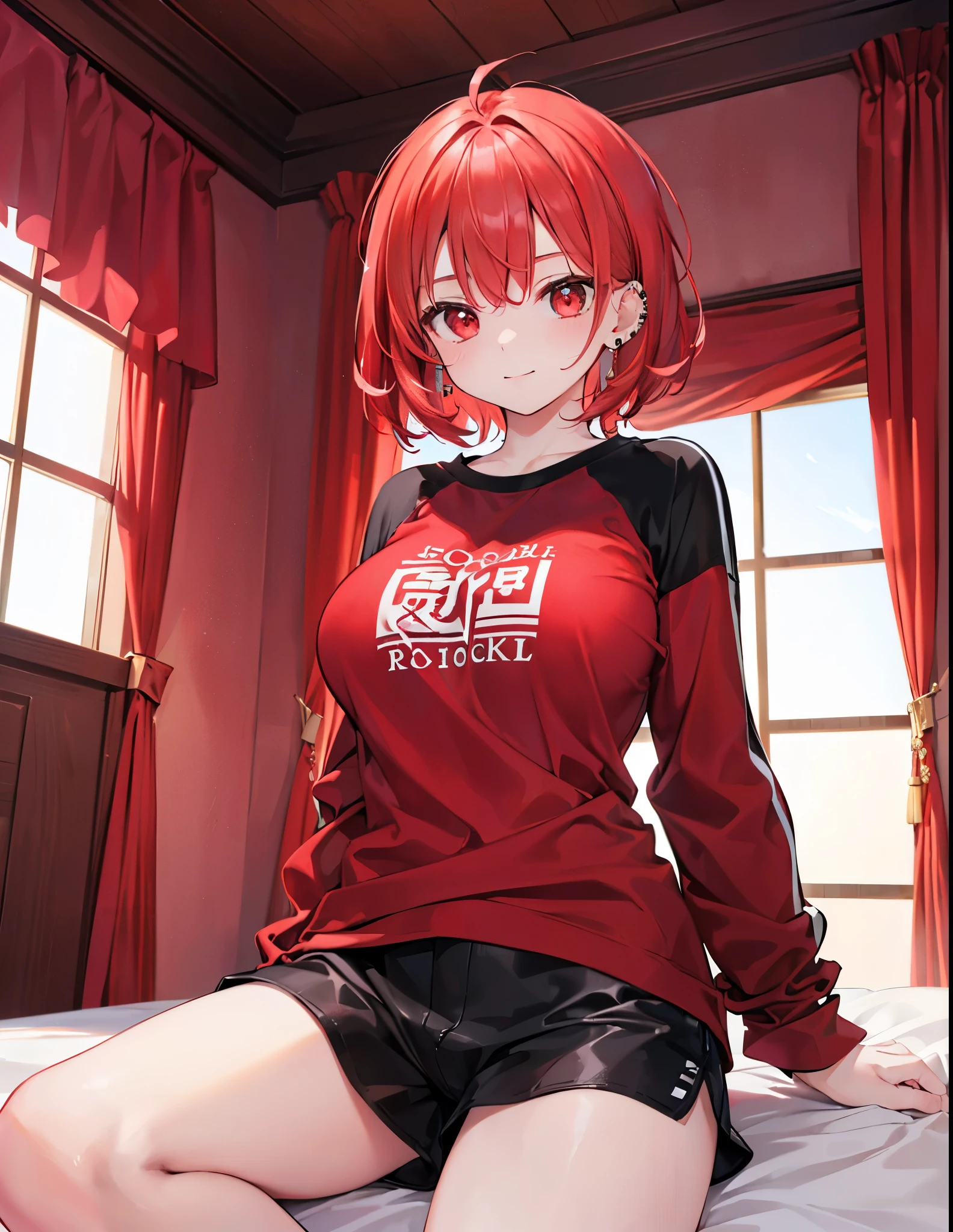 Realistic,Highest quality, Ultra Detail, High-quality CG rendering, The most delicate and beautiful, Floating softly, High resolution, (1 girl), (Highest quality,4K,8k,masterpiece:1.2),(All red hair:1.5), (Medium Hair:1.5),(Red eyes:1.5),(Slightly larger breasts:1.5),(Black oversized long sleeve t-shirt:1.3),(Black shorts:1.3),(Piercing in left ear:1.3),Inside the room,smile,bed,(bedに座っている:1.3)