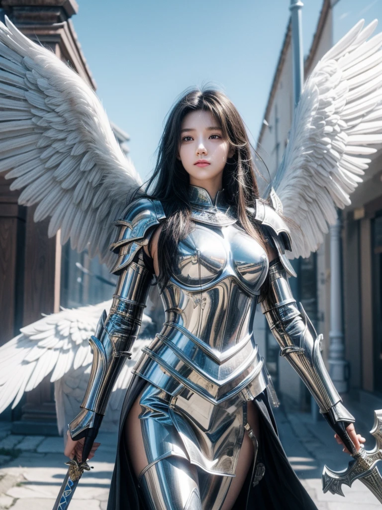 A strong angel in heavenly armor, Sword with shield, Seven Wings, Get Ready for Battle,Wearing gorgeous armor,high quality