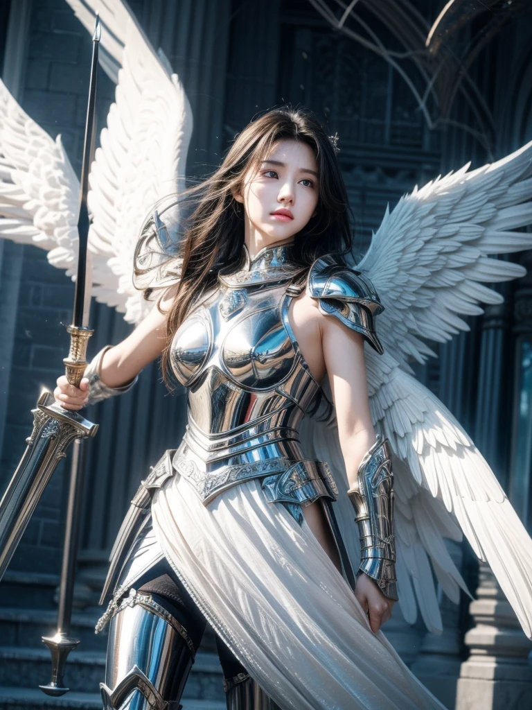 A strong angel in heavenly armor, Sword with shield, Seven Wings, Get Ready for Battle,Wearing gorgeous armor,high quality