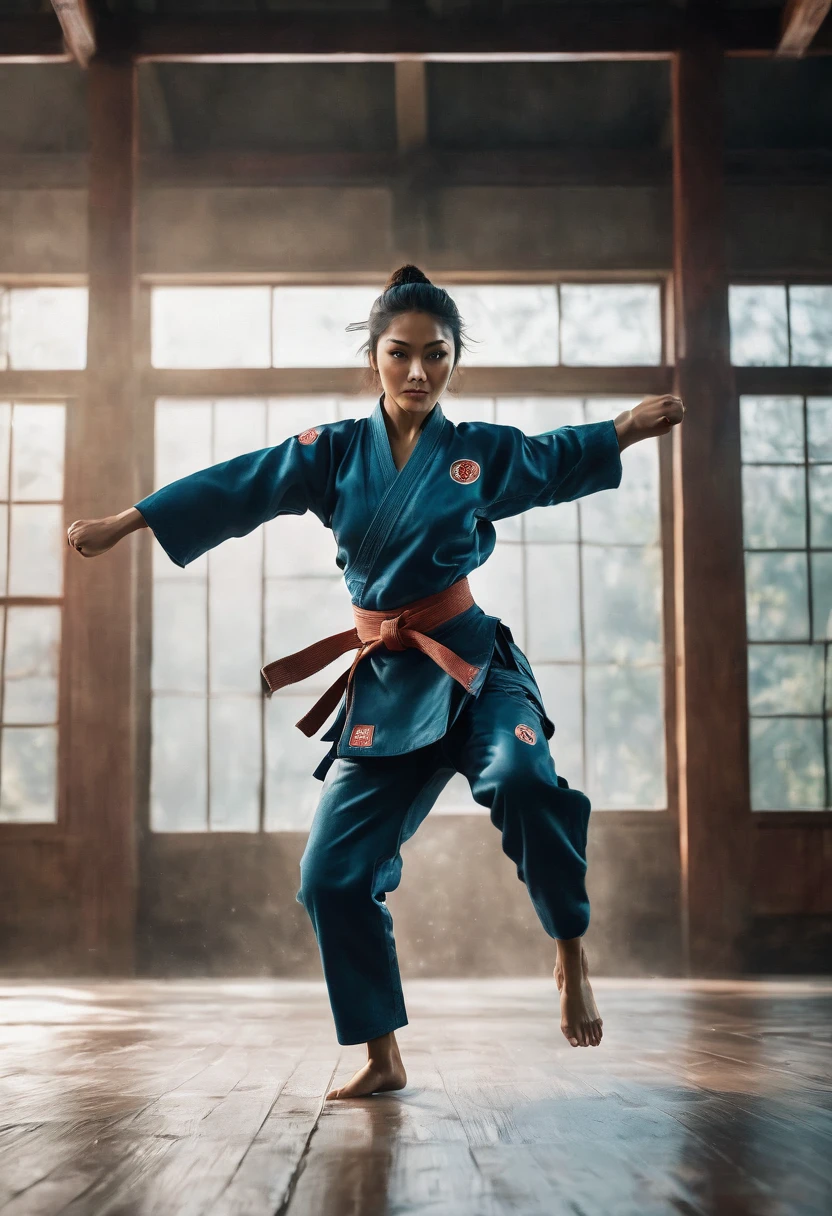 8k, best quality, highres, realistic, real person, A female martial artist in a fighting, iconic fighting stance, captured in a dynamic pose as she performs a spectacular back spinning kick(spin kick:1.0), soaring through the air(soaring:1.0). The scene emphasizes her agility and the fluidity of her movement, showcasing the elegance and power of her martial arts skills in a high-energy moment, intricate detailed, dynamic motion, epic stance, fighting, soraing, jumping