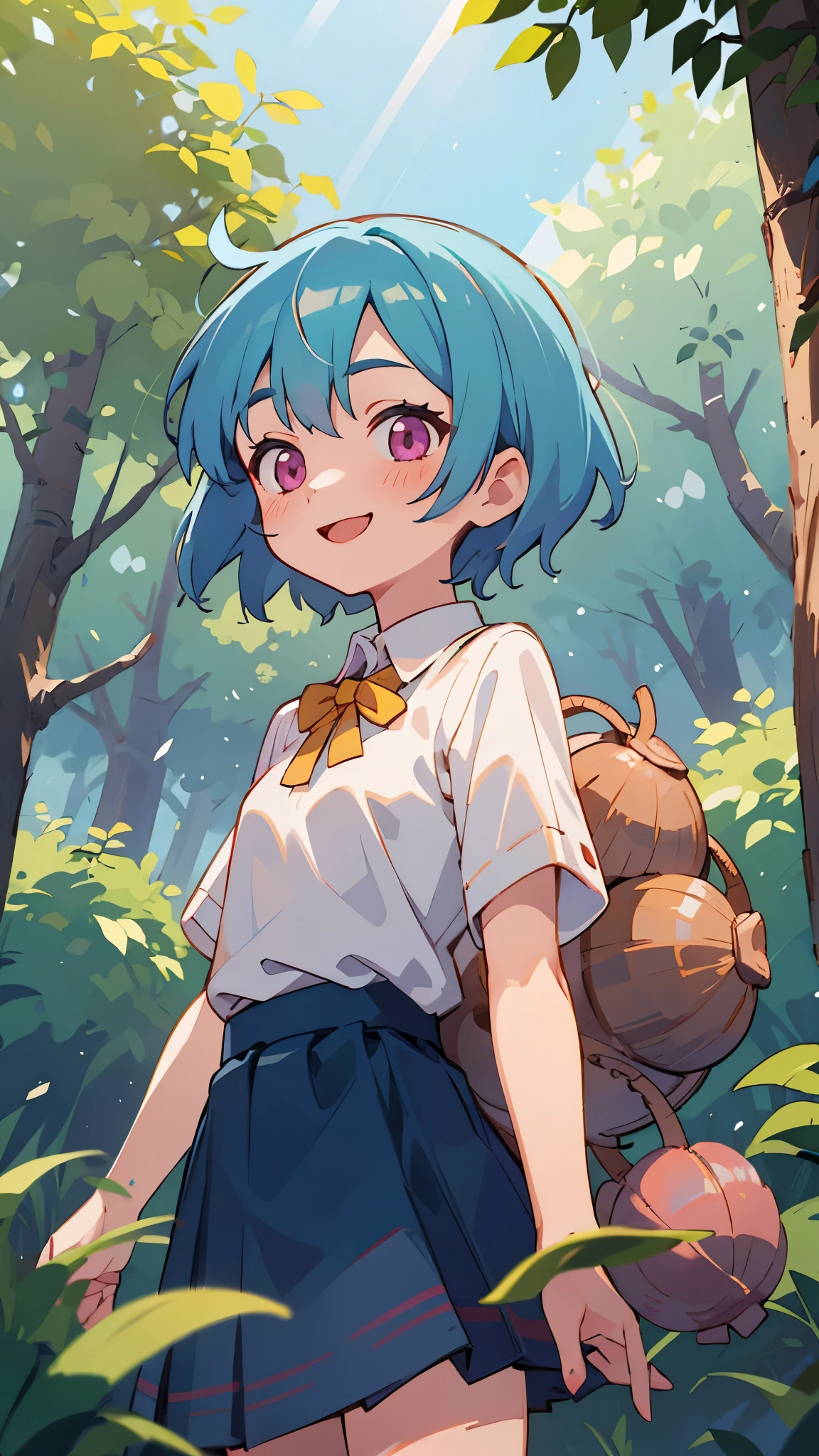 16-year-old girl、Light blue hair、Pink Eyes、smile、blush、Small breasts、From the back、white blouse shirt、Checked skirt、Under the bright light of the sunlight filtering through the trees、Acorns、Sharp contours、Tomboy、boyish、First class work