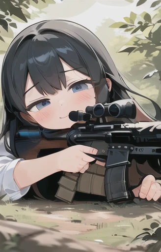 masterpiece, best quality, 1girl, m4a1, rifle, forest background, sniper, sensual face, white hear, smile,