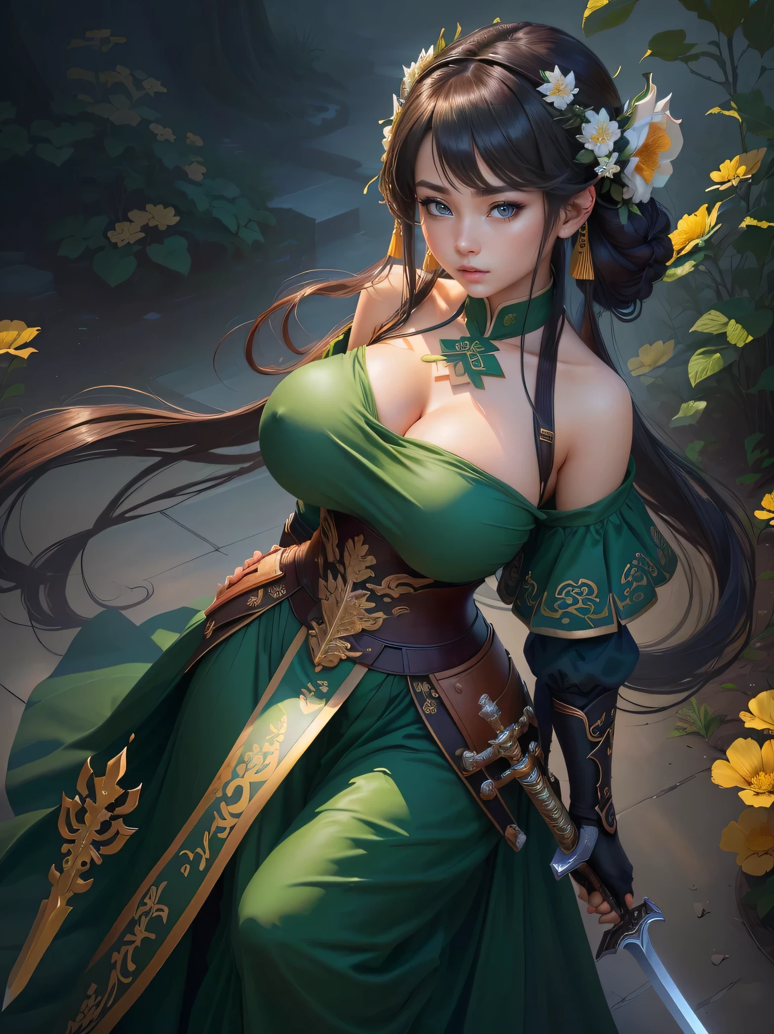 a woman in a green dress holding a sword and a flower, inspired by Li Mei-shu, inspired by Shen Zhou, inspired by Wu Li, inspired by Wu Zuoren, yun ling, inspired by Ju Lian, inspired by Li Tang, full body xianxia, inspired by Qiu Ying, inspired by Lan Ying, xianxia hero, Highly detailed CG unit 8k wallpaper, masterpiece, High resolution, highest quality, highest quality real texture skin, Super Real, Digital Painting, Best image quality, 最High resolution, 8k, ((Highly detailed eyes and face, Beautiful eyes every detail)), 1girl, Full Body Shot, (Saggy breasts, Gravity-dependent breasts, long chest, Heavy chest, disproportionate breasts, huge breasts, sagging breasts, gigantic breasts, erect nipple), Off the shoulder, 