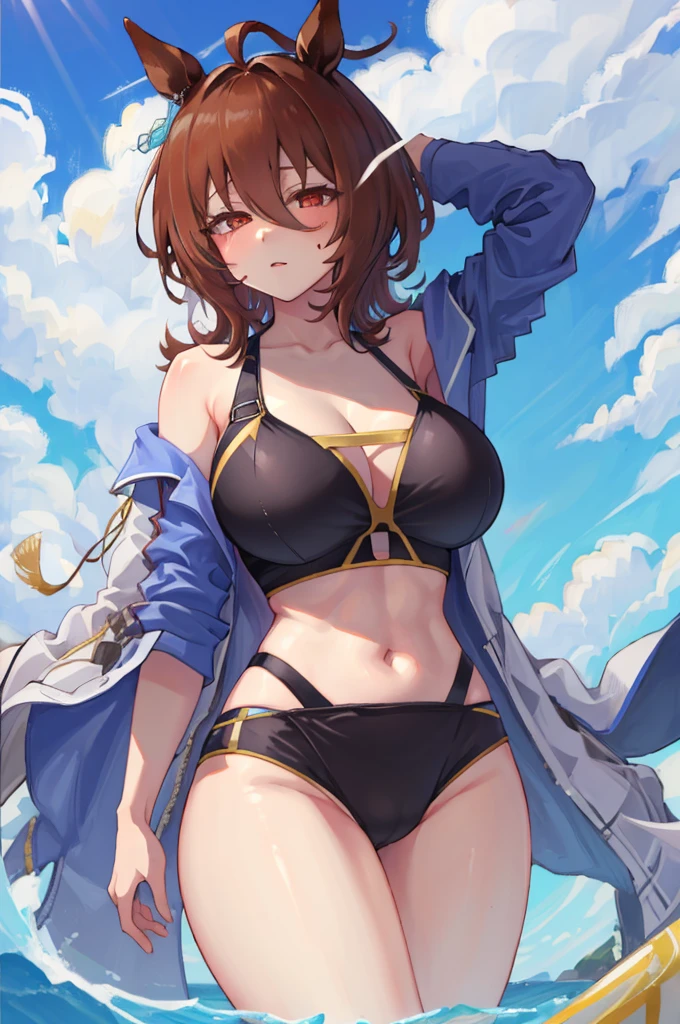 8K, high resolution, NSFW, from below, (gigantic breasts), huge pelves, inner flesh, agnes tachyon \(umamusume\), black swimwear, looking at viewer, 
, strong eyes, arms behind head, armpit, 