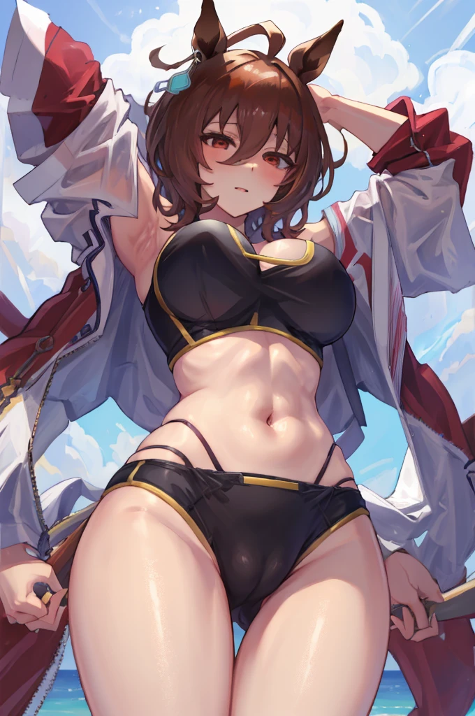 8K, high resolution, NSFW, from below, (gigantic breasts), huge pelves, inner flesh, agnes tachyon \(umamusume\), black swimwear, looking at viewer,
, strong eyes, arms behind head, armpit,
