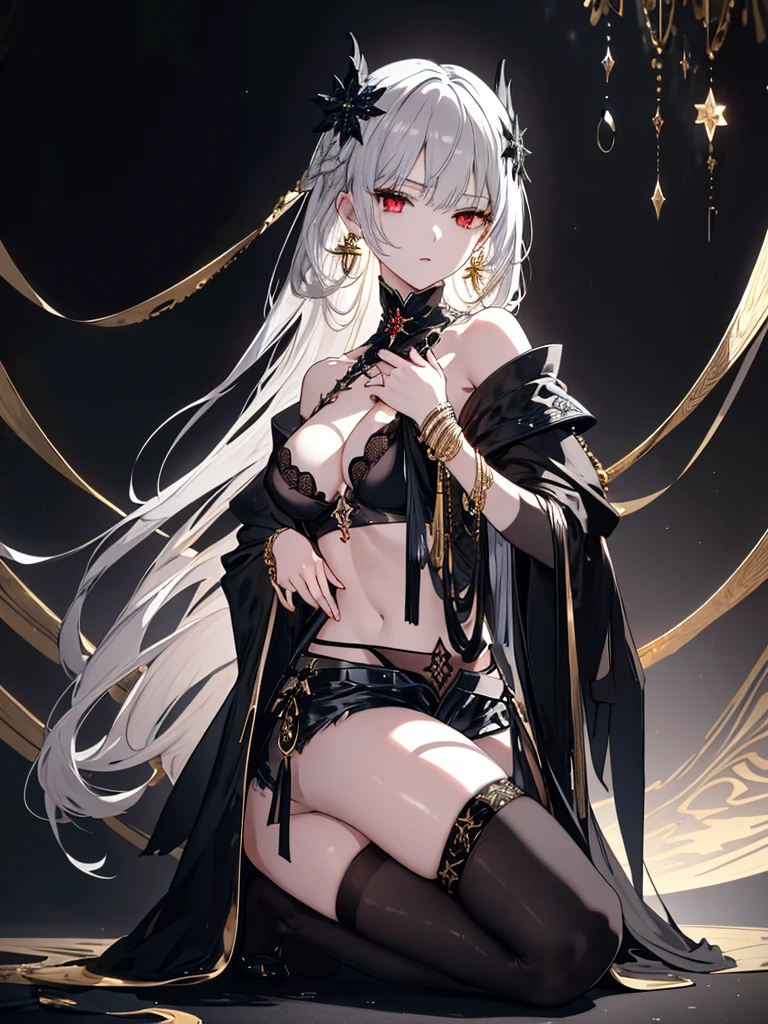 8k,High resolution RAW color art, Anime Art,Silver Marble Skin, (((Highly detailed elegant))), Detailed skin, texture,(Exquisitely crafted, The finer details, Ultra-detailed art), (((1 girl))), Depth of written boundary, Silky Touch, Hyper Detail, (((Cool face))), eye shadow、Armed women, Beautiful detailed red eyes, Beautiful lip detail, Highly detailed face, Delicate depiction of hair and eyes, Detailed Fashion, Golden Earrings,Full body depiction, Black half top、(((Bare waist)))、Black shorts、Waist Cloak、black tights、Golden decoration, Light gray hair, Golden bracelet, Straight Hair、(((Hair)))、moonlight、Calm background、(((Black theme)))、Snowflake background、Side view、Kneeling、Less exposure