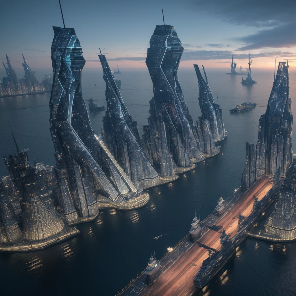 (high quality,Masterpiece,Extremely detailed,3d,8k:1.2) ,Future City,Surreal,Several warships in the air