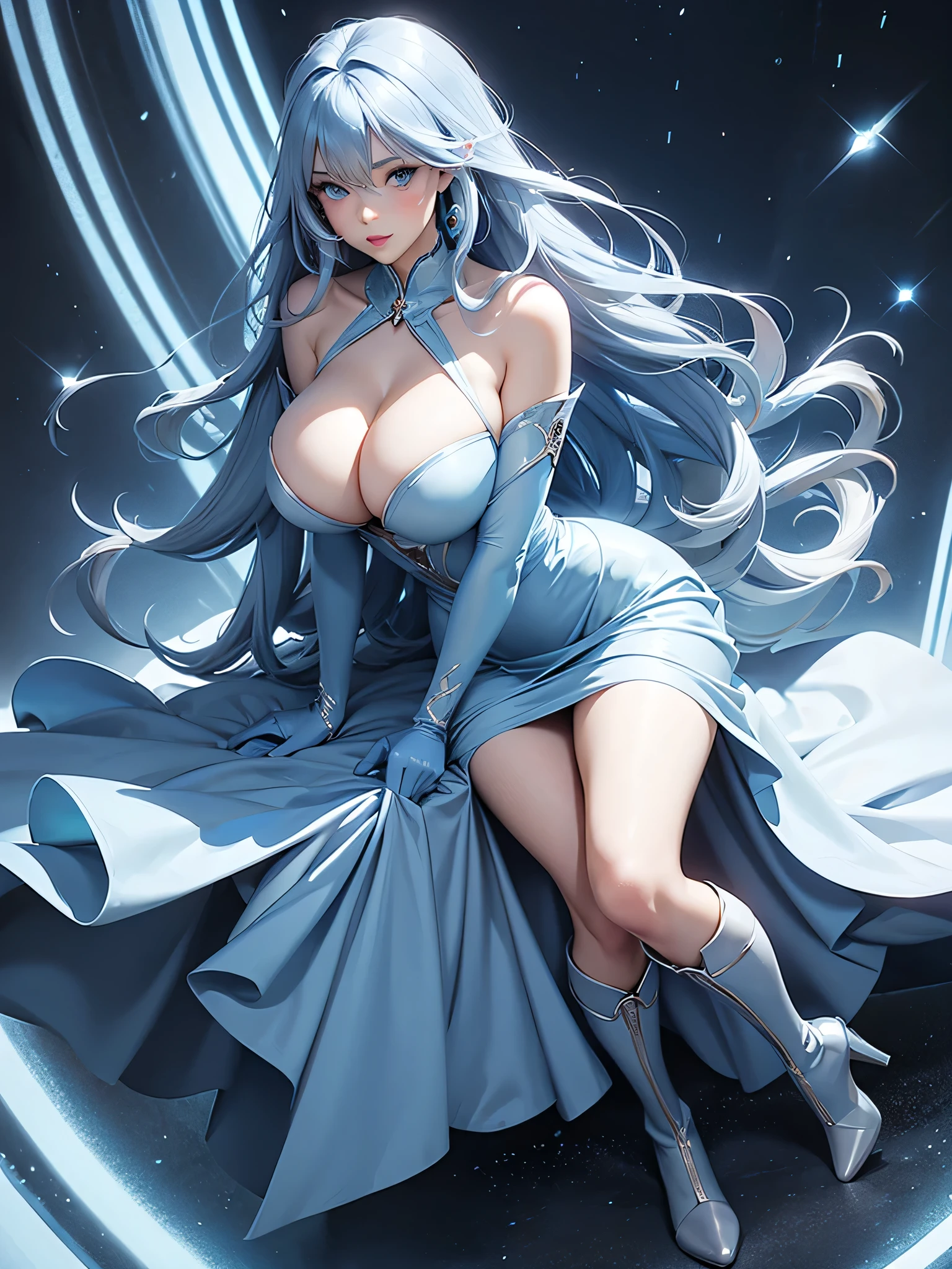 Full body, beautiful blue eyes, blush, cute face, (1 cute woman, solo: 1.1), lips, gigantic breasts, beautiful background, long blue hair, blue dress, blue elbow gloves, blue high heel boots, naked shoulders