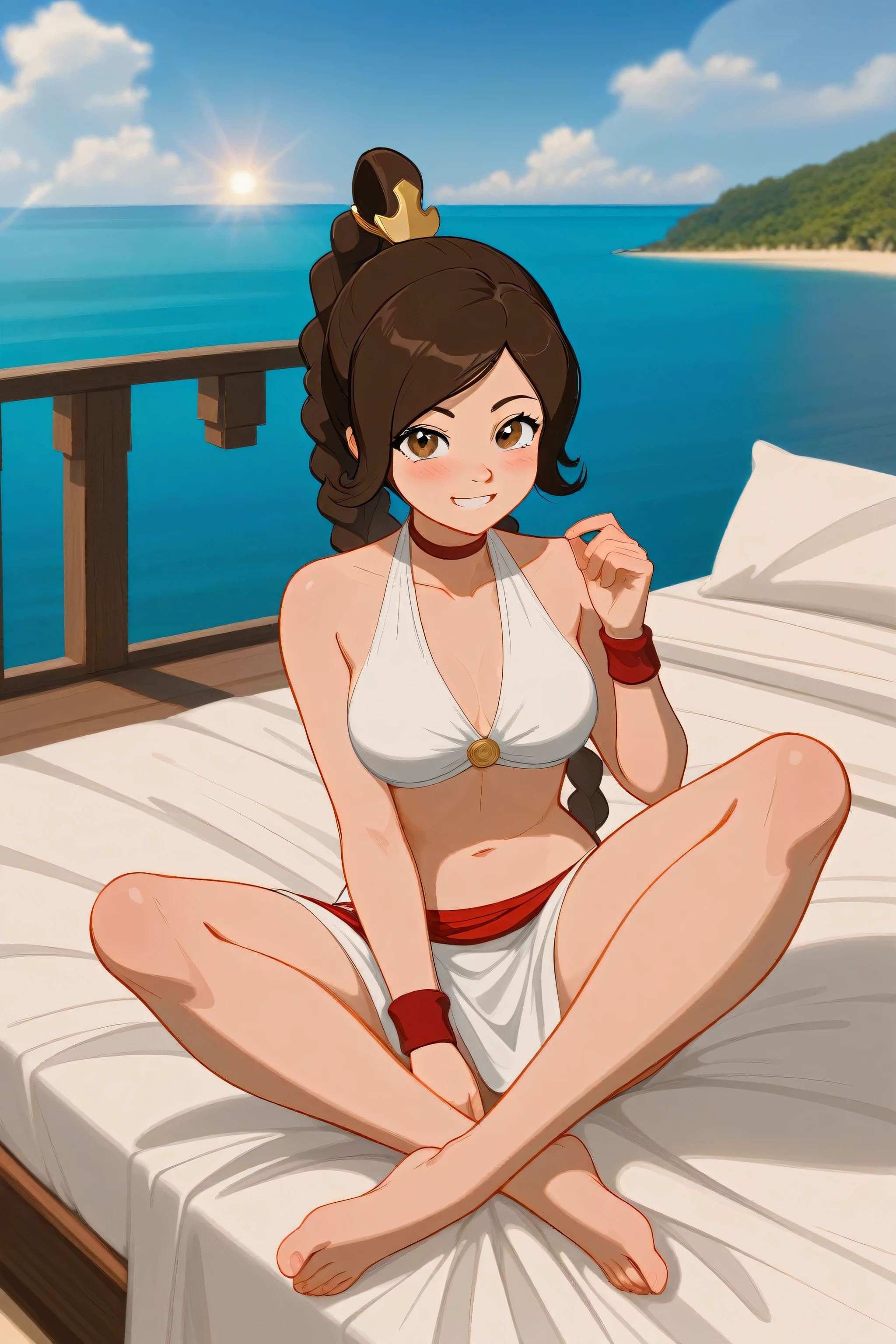 [Ty Lee], [Avatar the Last Airbender], ((masterpiece)), ((high res)), ((HD)), ((solo portrait)), ((full body)), ((feet visible)), ((anime)), (beautiful render art)), ((detailed shading)), {attractive; (brown hair), (long braided ponytail), (cute brown eyes), (short eyelashes), (curvy hips), (cute soft feet), (beautiful feet), (blushing), (cute grin)}, {(white bikini top), (red beach-skirt), (upskirt), (white panties visible)}, {(on bed), (legs spread open), (hands on face,), (looking at viewer)}, [ambient lighting, bedroom, window, beach background, sun rays]