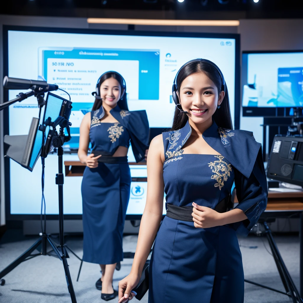 solo, masterpiece, best quality, highly detailed, finely detail eyes, Photography image of an Indonesian female customer service person wearing a black wireless mic, wearing a blue hoddi. Radiant face, smile, charismatic. Background view in a spacious studio, several monitor screens. Realistic, ultra hd 24k, stand full body view.