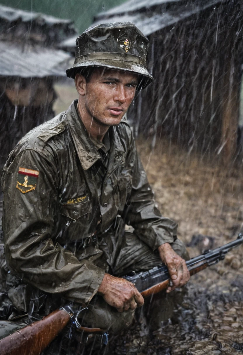 Photography in (stvmccrr style), an american soldier with WW2 uniform and gear and WW2 rifle, taking a shelter under a ruble from pouring rain, solo, dirty, exhausted, dark, loom, moody, bokeh, cinematic, emotive humane photography, rich colors, analog film, film grain, kodachrome, intricate details, insanely detailed, natural lighting, 8k, hdr, masterpiece, award winning photography