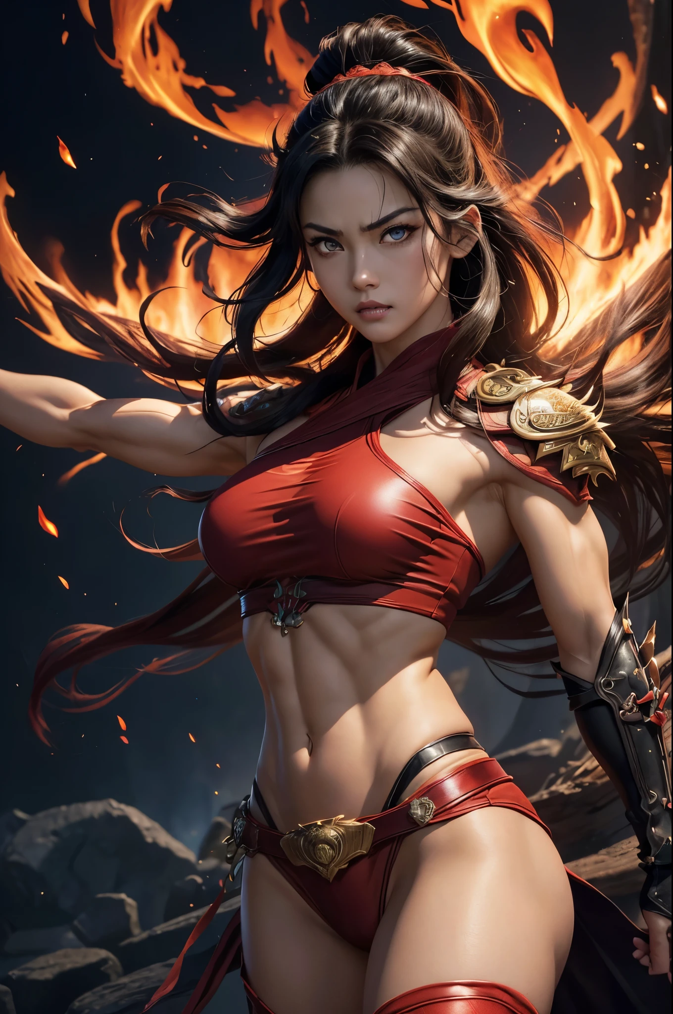 8k,Black light、Real Art、Slim and muscular macho manな女性、Super Beauty(Like the real thing)、Super strong muscles,iris、超High resolution、One Mature Woman、Light Brown Mohawk、Mature Demon Slayer: Kimetsu no Yaiba: Kimetsu no Yaiba: Kimetsu no Yaiba、anger,Sharp eyes,非常にVery large breasts、Glowing iris、Slim and muscular macho man、Toned, muscular lower body、Gorgeous red large chest armor、Luxury black and red pants、Gorgeous red shoulder pads,Detailed light、Dynamic Angle、Written boundary depth、(((((())))、Show me your fangs、(Super A)High resolution、Best image quality)、(8k、RAW Photos、Best image quality、masterpiece)、Technology Sense、Best image quality、masterpiece、Consciousness upward、CG、Sense of unity、wallpaper、Official Art,Very delicate and beautiful、Attention to detail、Attention to detail、Clear focus、Rich background、(Real People、image)、((High resolutionの肌))、A large flame burning red from the body(Tone flame effect)(There are many big flames)Fantasy art、Shoulder muscles Abdominal muscles、Arm Muscles,Ultra-Realistic Skin、Combat pose,Look at the viewers,Big Energy,Japanese,Dynamic action poses,Very large breasts,Super strong abdominal muscles,Super Muscular Beauty,