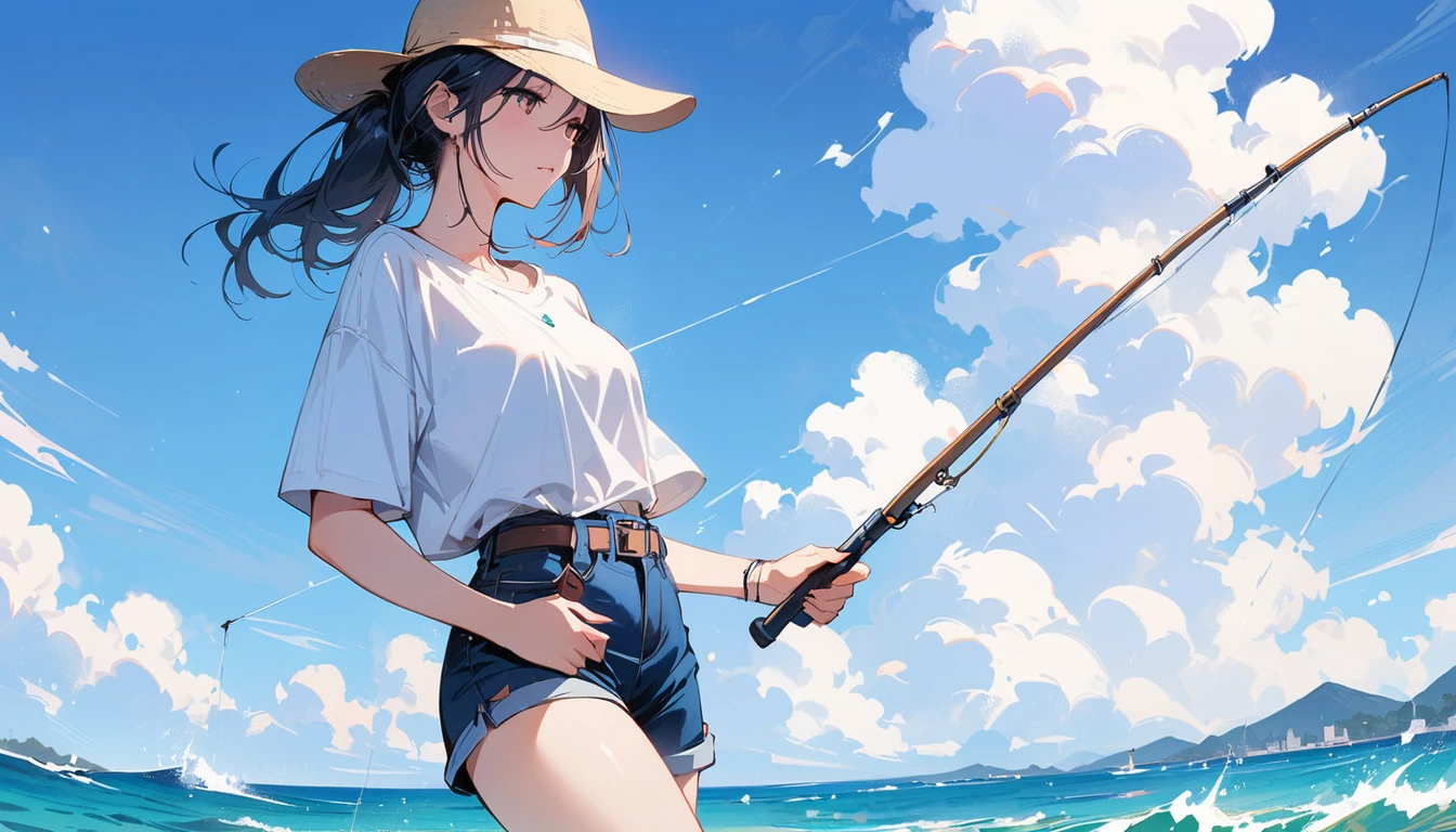 (masterpiece, Highest quality:1.2), 1 Girl, alone,Eyes open,Are you having fun,Tropical atmosphere,Ocean,fishing