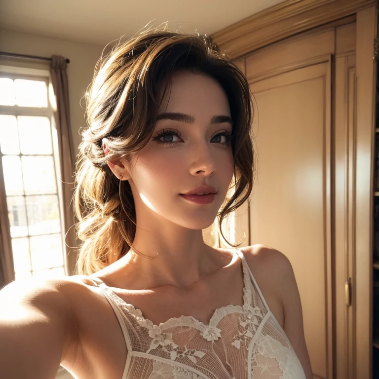 beautiful detailed eyes, beautiful detailed lips, extremely detailed eyes and face, long eyelashes, 1 beautiful MILF, sheer white lingerie, selfie camera, shy smile, rosy cheeks, realistic, photorealistic, photo-realistic:1.37, (best quality,8k,highres,masterpiece:1.2),ultra-detailed, cinematic lighting, dramatic shadows, elegant, sensual, feminine, realistic portrait, high fashion, chiaroscuro, glamour, vogue