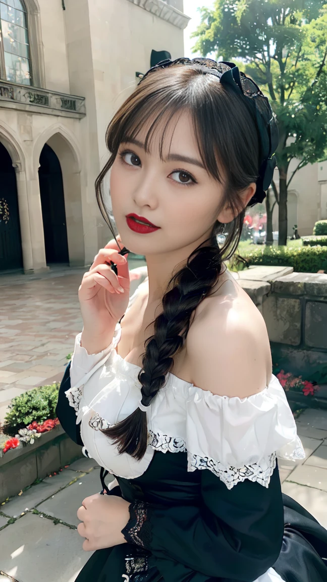 ((18 year old Japanese girl, 1 person)), (((Gothic Lolita Fashion:1.3)),(((Lace off-the-shoulder dress))),(((Outfit with intricate lace detailing))),(Emphasize large breasts:1.3),(European castle background:1.3),(Flowerbed with colorful flowers blooming in the garden),(squat:1.3),(The contrast of light and shadow makes the subject appear three-dimensional),Pretty and beautiful girl,Cute round face,Cute Smile,Blushing,Red lips,(Silvery white hair,Floral knit headband,Half Up、Floral braided space buns,Voluminous fishtail braid,Twisted pan,),(The bangs are see-through),hairpin,hair ornaments,Detailed clothing features,Detailed hair features,Detailed facial features,(Dynamic Angle),BREAK ceremony,((Random sexy poses、put in、Deep pleasure, Ecstatic eyes:1.2)), ((I gasp hard:1.2))、Ecstatic face、Climax expression, Through clenched teeth、My whole body is convulsing、Official Art，Highly detailed CG Unity 8k wallpaper, (masterpiece:1.0),(highest quality:1.0), photo shoot, 8k, Browsing Caution, High resolution, Kodak Portrait 400, Film Grain, Lens flare brilliance,Very low camera angle, View your audience
