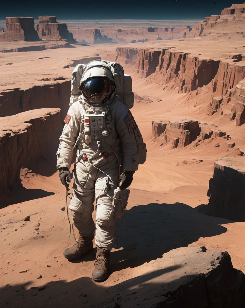 An astronaut stands at the edge of an imposing canyon on Mars, looking into the abyss that stretches out before him. The scene is set at night, illuminated by the stars and the faint glow of the planet. The canyon, with its steep and rugged walls, appears insurmountable, and the astronaut, in his spacesuit, screams into the void, expressing a mix of wonder and frustration. The Martian landscape is dotted with rocks and shadows, creating an atmosphere of mystery and challenge.