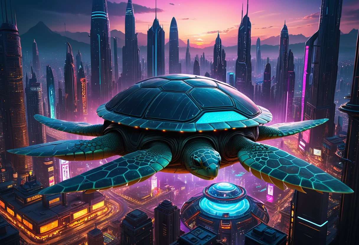 a city built on top of a giant turtle's shell, highly detailed, intricate architecture, futuristic sci-fi cyberpunk style, glowing neon lights, floating platforms, advanced technology, flying vehicles, alien-like creatures, otherworldly landscape, dramatic lighting, cinematic composition, photorealistic, 8k, hyper detailed