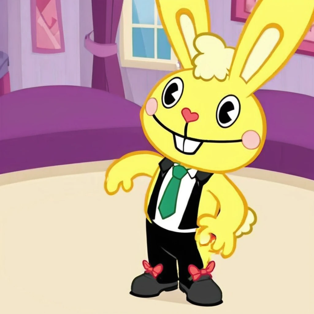 cartoon, a yellow rabbit with a green dress shirt a black necktie black pants belt and black shoes stomp and tap dancing