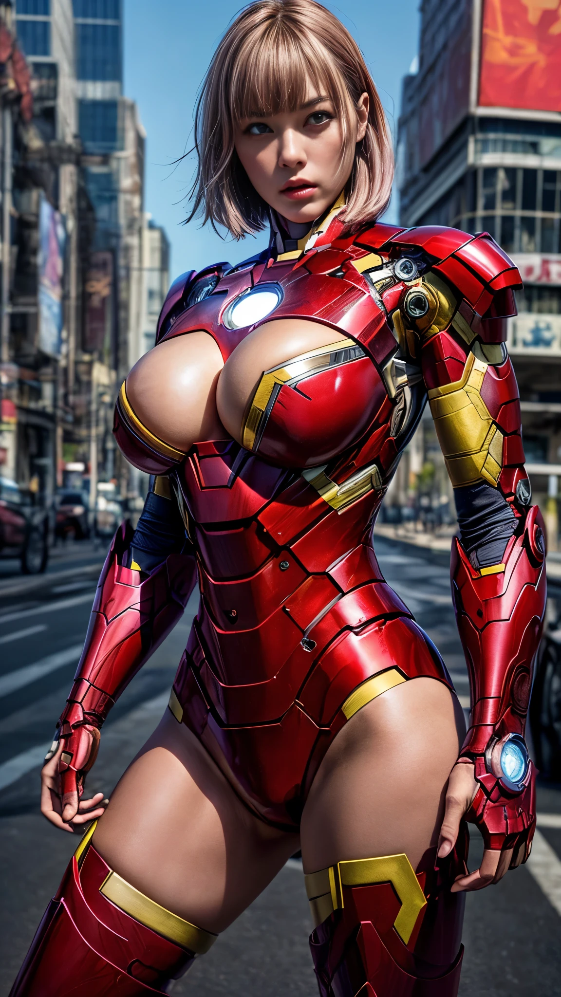 ((Cowboy Shot))、Mature Woman、(masterpiece, Highest quality), Complex and detailed, 8k,1 girl,((Blunt bangs))、Pink Hair,((Iron Man Suit)),Skyscraper, city, building,street,(Detailed RAW photos of girls),(Highest quality:1.6), (Ultra-high resolution:1.5), (Realistic:1.75), 8k、Very detailed,Cinema Lighting、(((Super big breasts:1.2)))、Spread your legs、((The abdomen is visible))、((Knee-high socks))、Browsing Caution:0.5、Suit damaged、(((Very intricate and detailed costume)))