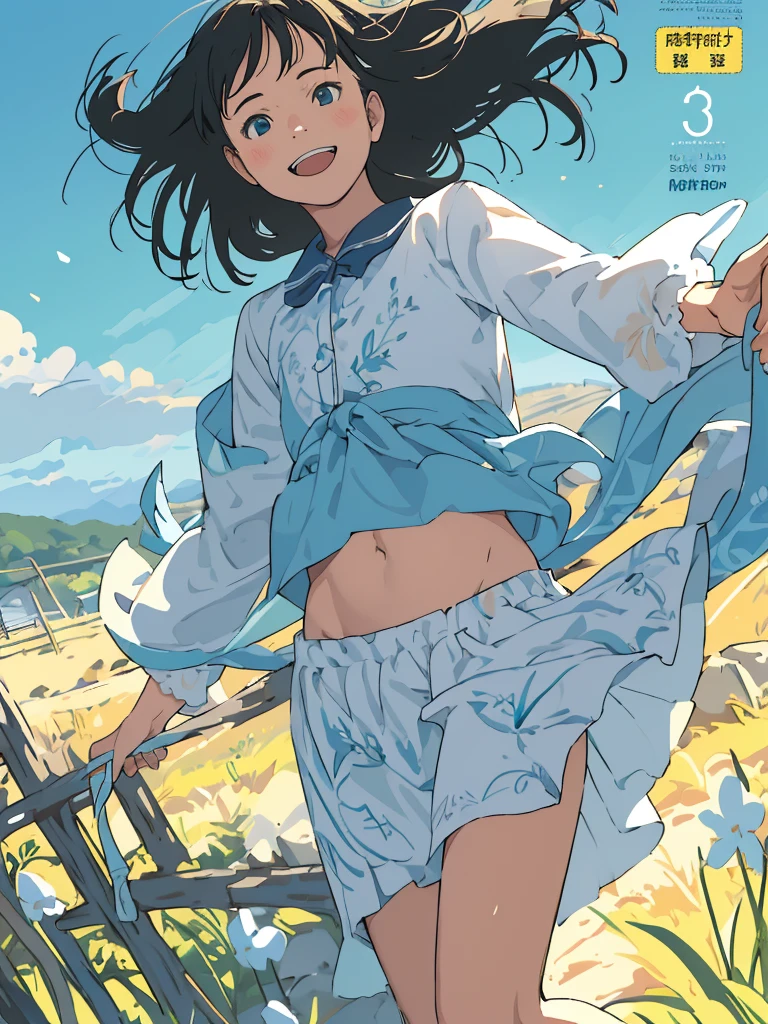 reasonable design, Clear lines, High Sharpness, (highest quality,8K,Perfect sharpness,Ultra fine,High resolution,masterpiece:1.2), Perfect Anatomy:1.5, Official Art, Illustrations that tell a story, (Whitish background:0. 9）、Body Positivity、More Mr.Physical expression、（Random and mischievous poses）、Perfect beauty、Perfect beautiful face、Strong winds、A rich expression、Dynamic composition、smile、Golden ratio composition、colorful、（Mr.Different angles and perspectives）、anime art、mini skirt、（Overcoming stereotypes）、 Glowing Skin、（Natural beauty）、smile、bangs、Straight Hair、（Soft and flowing hair）、（Rural Scenery）、（Nostalgic atmosphere）、Insert up to the thighs、（Playful and carefree）、（More Mr.Ethnic characters）、（innocent attitude）、（Sunny atmosphere）、Skirt flipped up、（Bright colors）、Belly button exposed、Beautiful Eyes、A skirt fluttering in the wind、Put it in to your feet、Some composition patterns、sensuous、Geometric pattern、emotional、Symposium cover、