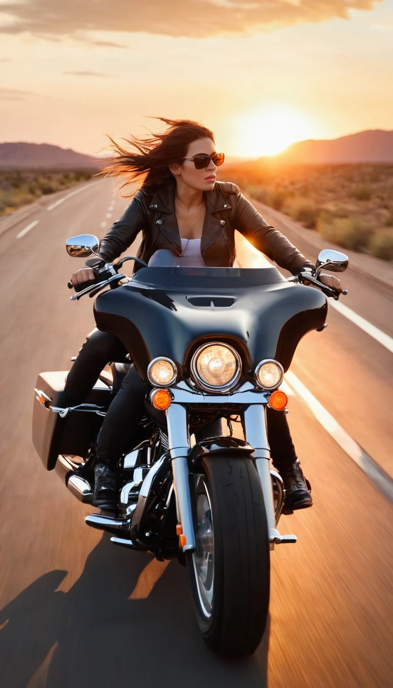 picture, ultra realistic, female biker on a harley davidson motorcycle, half body shot, on the road 66 sunset, back side view shot, motion blur, sunset sky with orange hues on the horizon