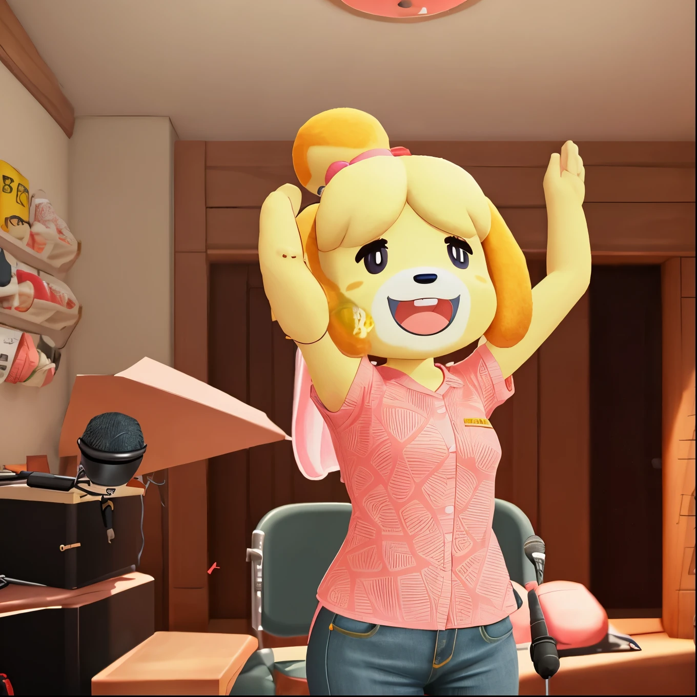 Isabelle \(Protect animals\), 1 Girl, open mouth, Solitary, Animal ears, hairy, microphone, Dog Girl, Chair, hairy female, Pink shirt,jeans, Hair Bun, Dog ears, indoors, 3d, Screenshots,  