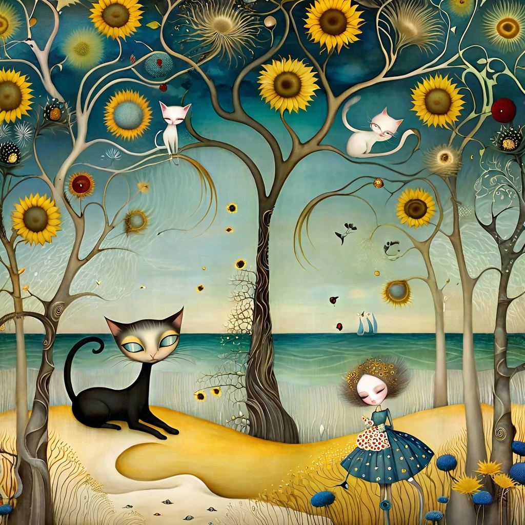 Klimt-inspired style, Nicoletta Ceccoli, Catrin Welz-Stein, Lawrence Didier, e Leonora Carrington. In the seascape of a beach, with dunes, gram, a large tree with many large branches moving in all directions. On the branches are cats, with long necks and tails and many colors, sleeping. sunflower and dandelion flowers.