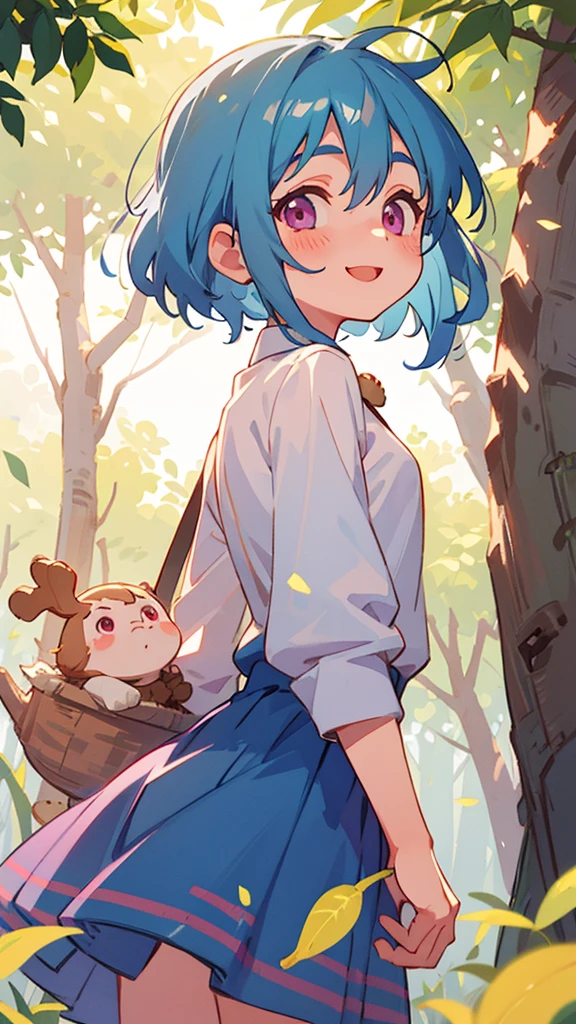 16-year-old girl、Light blue hair、Pink Eyes、smile、blush、Small breasts、From the back、white blouse shirt、Checked skirt、Under the bright light of the sunlight filtering through the trees、Acorns、Sharp contours、Tomboy、boyish、First class work