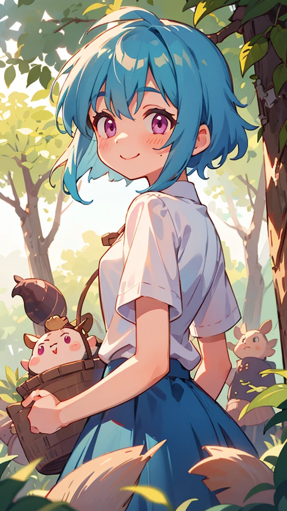 ****************、Light blue hair、Pink Eyes、smile、blush、Small breasts、From the back、white blouse shirt、Checked skirt、Under the bright light of the sunlight filtering through the trees、Acorns、Sharp contours、Tomboy、boyish、First class work