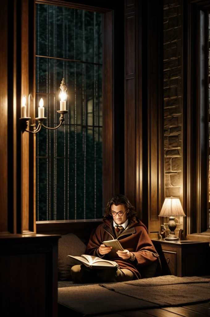 Some one reading Harry potter bookset in the luxury room and out side raining