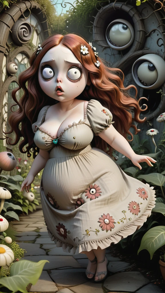 Young beautiful Chubby girl running through Tim Burton-inspired garden. Garden is full of peculiar creatures with big eyes and Burtonesque charm. Creatures are chasing the girl, Girl is voluptuous, has giant bursting breasts, auburn long wavy hair, wearing flowery linen dress with big cleavage, The garden is a blend of anime aesthetics and Burtonesque surrealism, (hand drawn with pencil:1.2), (tim burton style:1.27), chubby body, big saggy breasts, ultra detailed, intricate, dynamic poses, evening light, sharp, fantasy art, big detailed eyes, mysterious