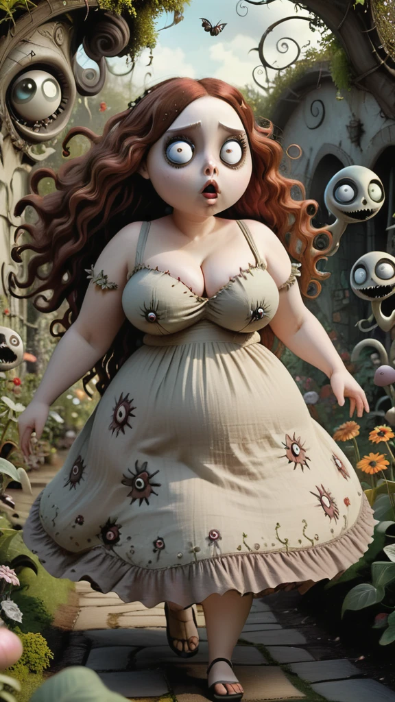 Young beautiful Chubby girl running through Tim Burton-inspired garden. Garden is full of peculiar creatures with big eyes and Burtonesque charm. Creatures are chasing the girl, Girl is voluptuous, has giant bursting breasts, auburn long wavy hair, wearing flowery linen dress with big cleavage, The garden is a blend of anime aesthetics and Burtonesque surrealism, (hand drawn with pencil:1.2), (tim burton style:1.27), chubby body, big saggy breasts, ultra detailed, intricate, dynamic poses, evening light, sharp, fantasy art, big detailed eyes, mysterious