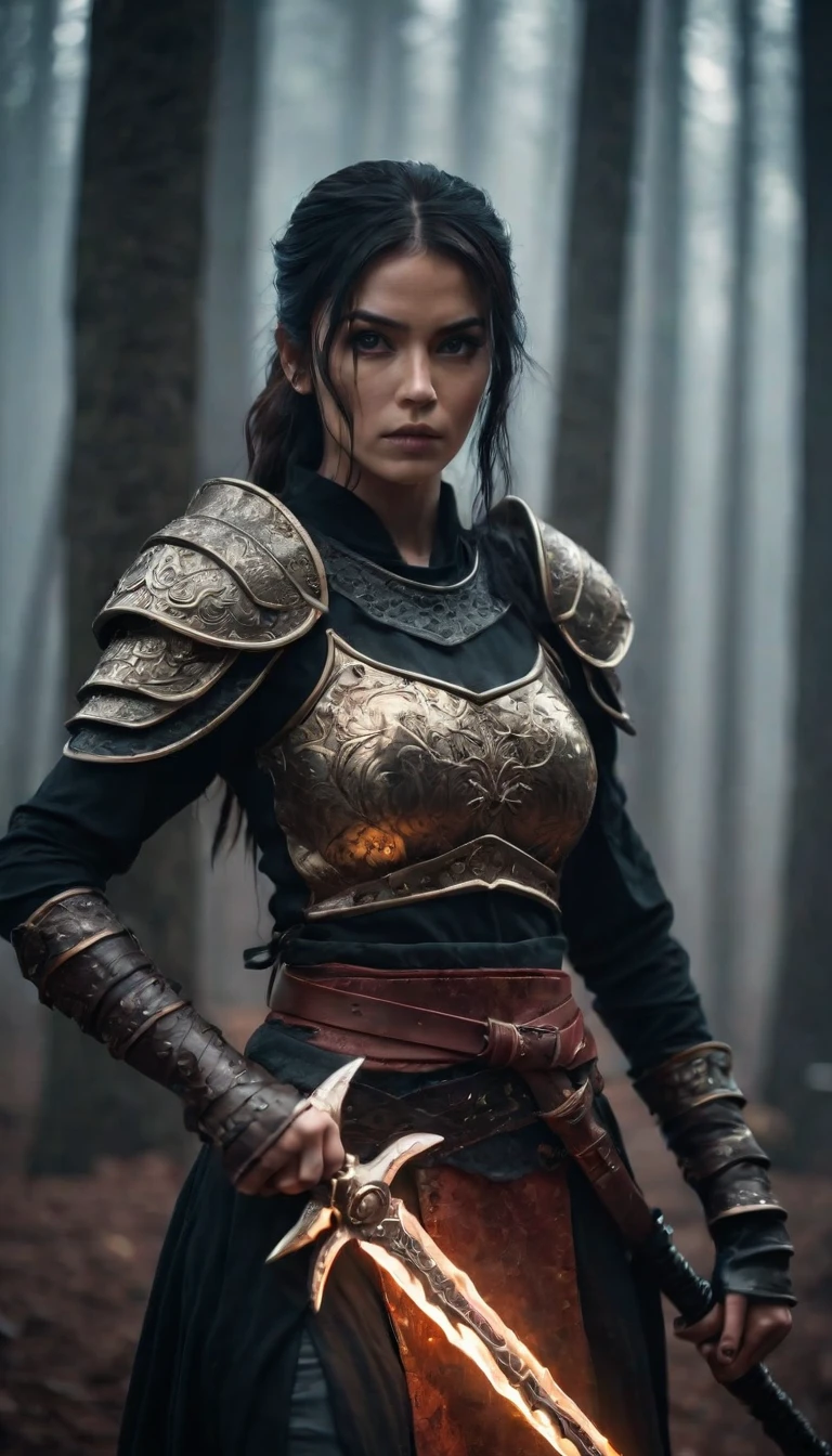 cinematic photo cinematic photo full frame wide shot , a beautiful female warrior holding a fiery sword, full body character design high budget, bokeh, cinemascope, moody, epic, gorgeous, film grain, grainy . Eerie, unsettling, dark, spooky, suspenseful, grim, highly detailed. . 35mm photograph, film, bokeh, professional, 4k, highly detailed . 35mm photograph, film, bokeh, professional, 4k, highly detailed