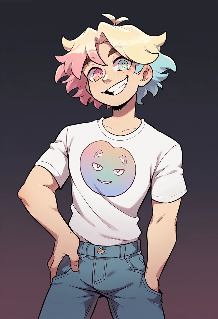 YouTuber, blond hair, colorful eyes, standing happily with his hand on his hips, plain white tee shirt, black jeans, big smile, plain white background, male , adult male,