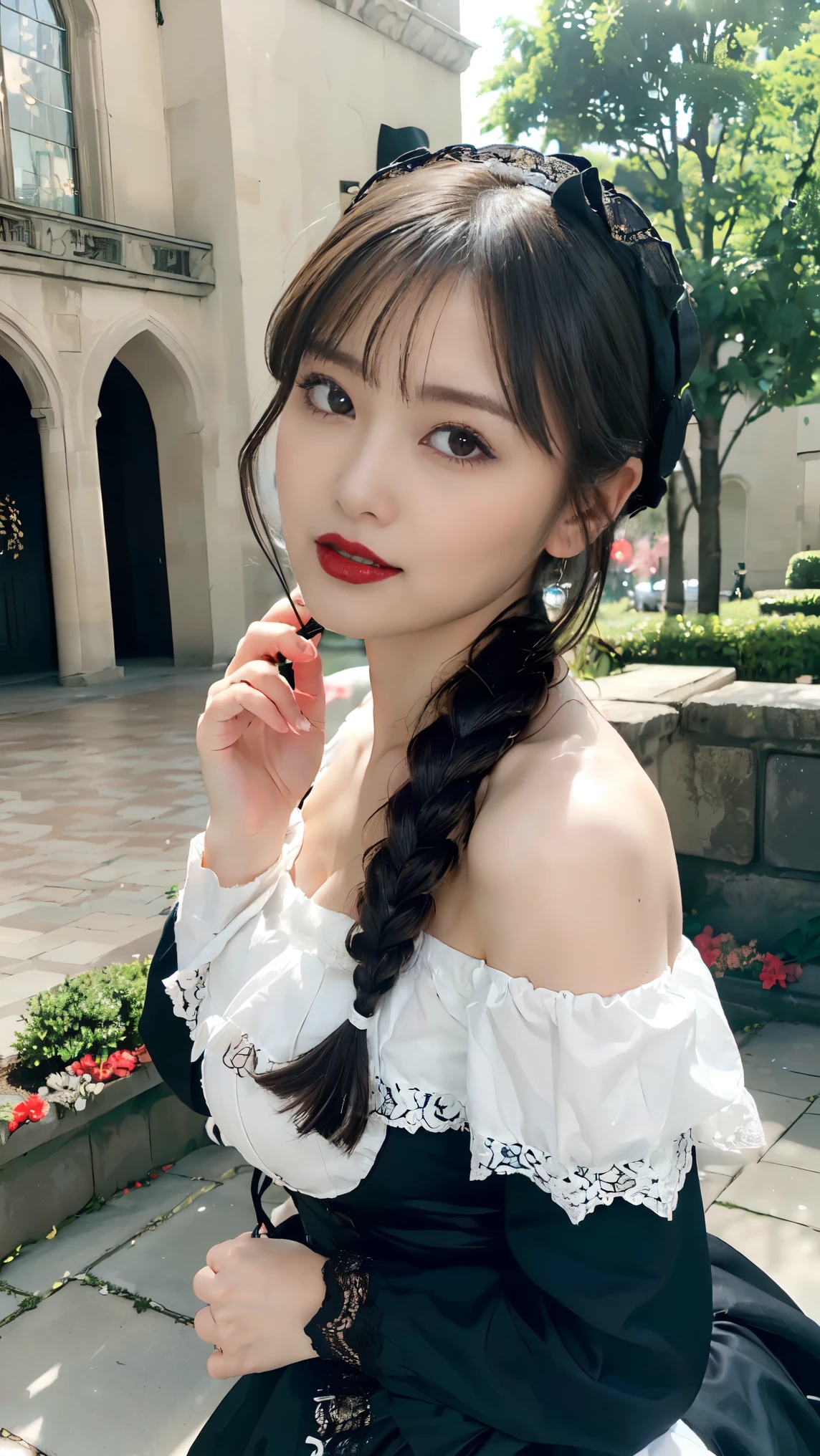 ((18 year old Japanese girl, 1 person)), (((Gothic Lolita Fashion:1.3)),(((Lace off-the-shoulder dress))),(((Outfit with intricate lace detailing))),(Emphasize large breasts:1.3),(European castle background:1.3),(Flowerbed with colorful flowers blooming in the garden),(squat:1.3),(The contrast of light and shadow makes the subject appear three-dimensional),Pretty and beautiful girl,Cute round face,Cute Smile,Blushing,Red lips,(Silvery white hair,Floral knit headband,Half Up、Floral braided space buns,Voluminous fishtail braid,Twisted pan,),(The bangs are see-through),hairpin,hair ornaments,Detailed clothing features,Detailed hair features,Detailed facial features,(Dynamic Angle),BREAK ceremony,((Random sexy poses、put in、Deep pleasure, Ecstatic eyes:1.2)), ((I gasp hard:1.2))、Ecstatic face、Climax expression, Through clenched teeth、My whole body is convulsing、Official Art,Highly detailed CG Unity 8k wallpaper, (masterpiece:1.0),(highest quality:1.0), photo shoot, 8k, Browsing Caution, High resolution, Kodak Portrait 400, Film Grain, Lens flare brilliance,Very low camera angle, View your audience