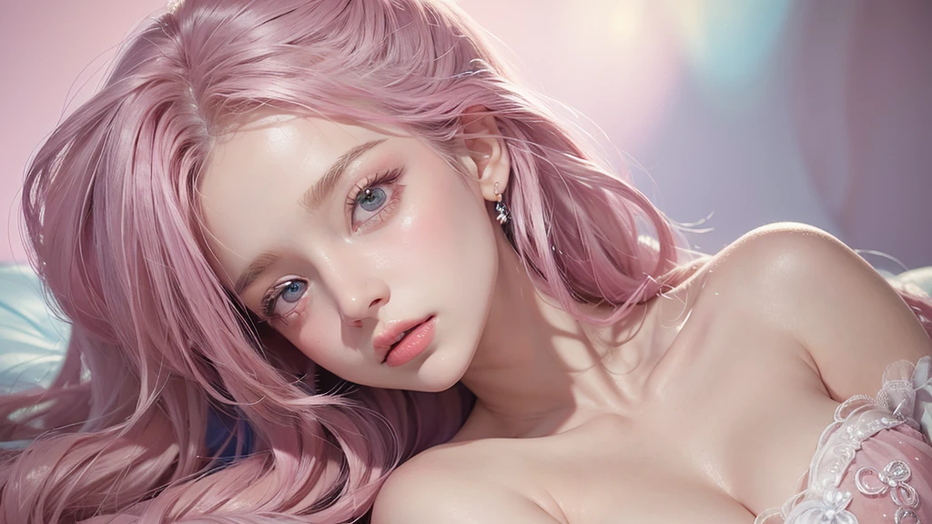 ((masterpiece)). This work is dreamy and fantastical., Soft pink watercolor shades. Generates delicate magical women exploring the bubble gum world in a variety of pastel colors. Her sweet face is extremely detailed and realistic with elegant, Mature features, Puffy, Big lips and stunning, Extremely realistic eyes. Her eyes are important、Be realistic, Very detailed, And it's beautiful. High resolution and detail, Include many details like stars, Milky Way, Colorful bubbles, Colorful petals, And a lot of energy and emotion! Stars and colorful bubblegum bubbles are important! Include fantasy details, Enhanced Details, iris, Colorful sparkling wind, And pollen. Pay special attention to her face、Make sure it's beautiful and realistic in detail。. The image is dreamy、It has to be fantastical..8k, Complex, elegant, Very detailed, Majestic, Digital photography