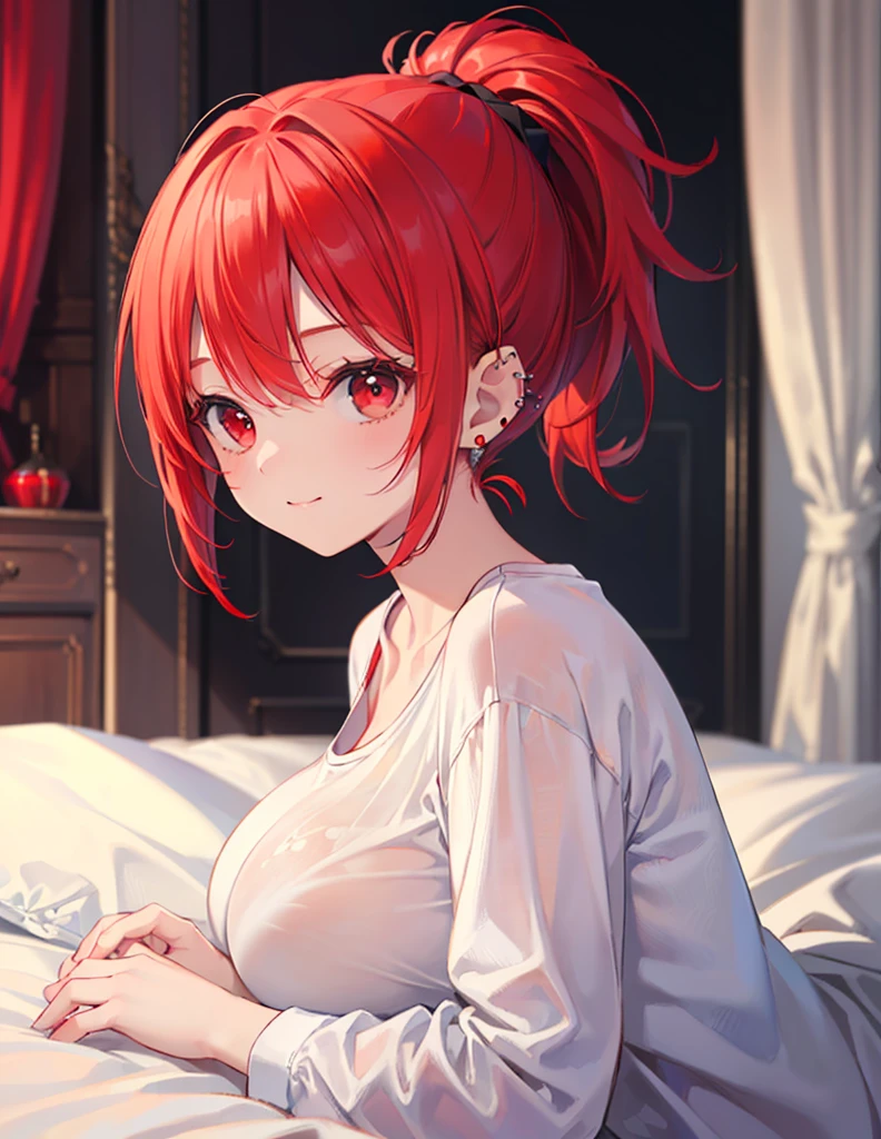 Realistic,Highest quality, Ultra Detail, High-quality CG rendering, The most delicate and beautiful, Floating softly, High resolution, (1 girl), (Highest quality,4K,8k,masterpiece:1.2),(All red hair:1.5), (ponytail:1.5),(Red eyes:1.5),(Slightly larger breasts:1.5),(Black oversized long sleeve t-shirt:1.3),(Piercing in left ear:1.3),Inside the room,smile,bed,(bedに座っている:1.3)