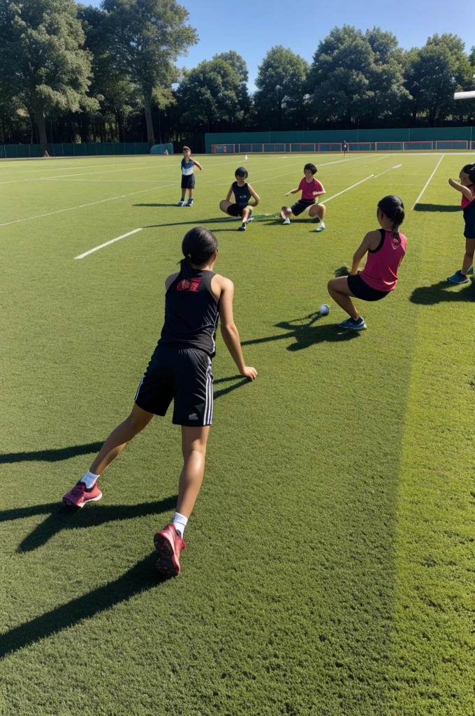Happy students doing physical activities on a sports field where there are green areas and shade with benches 
