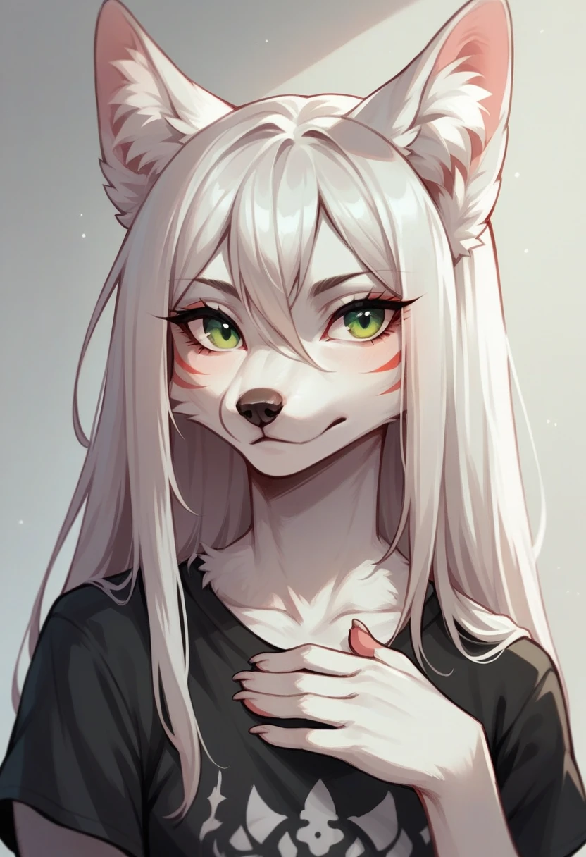 fluffy fox with white fur, girl, green eyes, portrait, Kitsune, in a black T-shirt, long hair