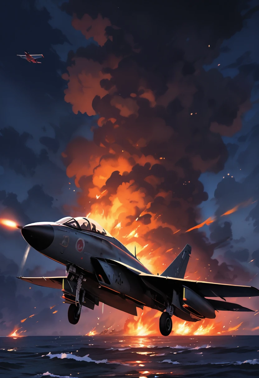 Sea, solo, fighter plane on fire at sea, night, 