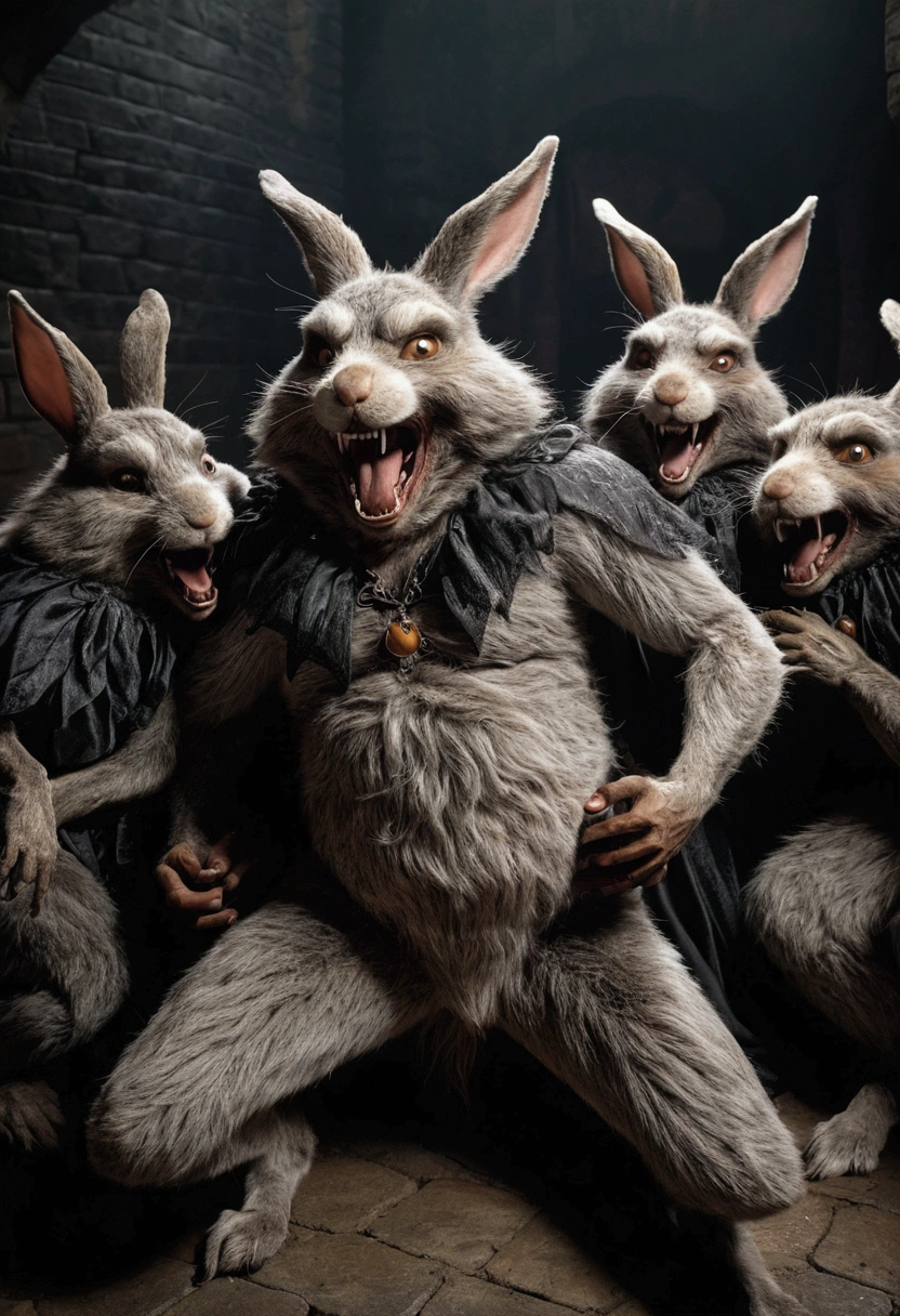 Crowd of anthropomorphic rabbits dressed as scary witches. Rabbits are tickling werewolf's belly. werewolf is lying flat on his back spread eagle. They dance next to the large and bloated belly of a shocked werewolf who is restrained to the ground. photo realistic style. dark medieval dungeon. Rabbits love to tug on the fur tuft located in-between werewolf's groin. side view. Full body shot of werewolf. Werewolf belly focus. Correct anatomy.
