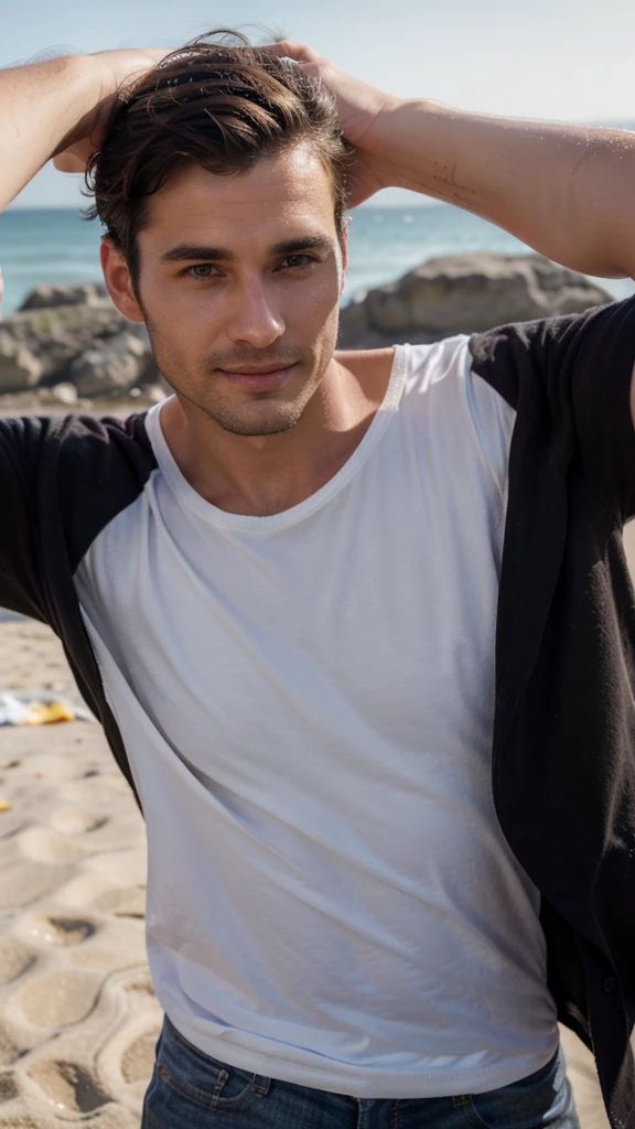 Very handsome man, 29yo, dark brown hair, Wear, Consultation, chill on the beach, long distance shot, Wearing, smirk, realphoto